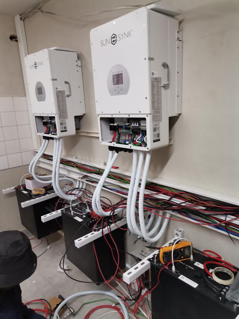 Industrial SunSynk inverter installation with battery banks